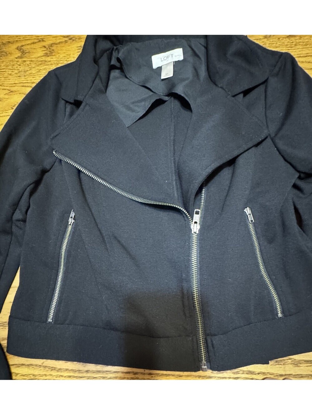 LOFT Petites Women’s SP Black Moto Jacket Asymmetrical Zip Biker Stretch - Picture 4 of 7